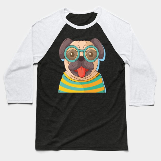 Pug With Glasses Baseball T-Shirt by Mako Design 